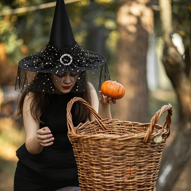 Alt view image 6 of 7 - Yohenr Halloween Witches Hats Foldable Lace Witch Hat for Decoration Witch Costume for Halloween Cosplay Party Veil Wizard Hat Halloween Costume AccessoryA258-1)