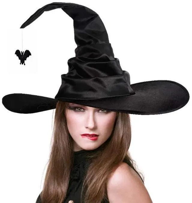Main image of SIQITECHNO Halloween Witch Hat With Spider Bat Black ruched Wizard Cap for Halloween Party Decoration Witch Cosplay Costume Accessory
