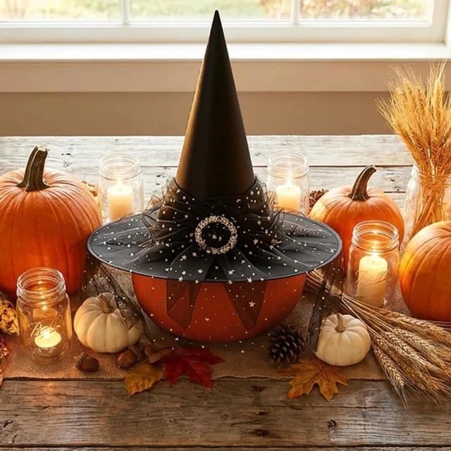 Alt view image 7 of 7 - Yohenr Halloween Witches Hats Foldable Lace Witch Hat for Decoration Witch Costume for Halloween Cosplay Party Veil Wizard Hat Halloween Costume AccessoryA258-1)
