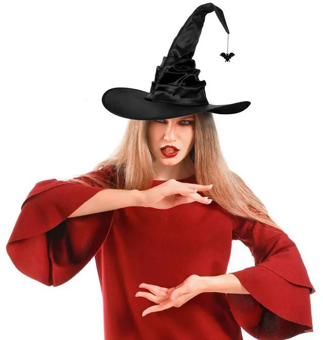 Alt view image 2 of 7 - SIQITECHNO Halloween Witch Hat With Spider Bat Black ruched Wizard Cap for Halloween Party Decoration Witch Cosplay Costume Accessory