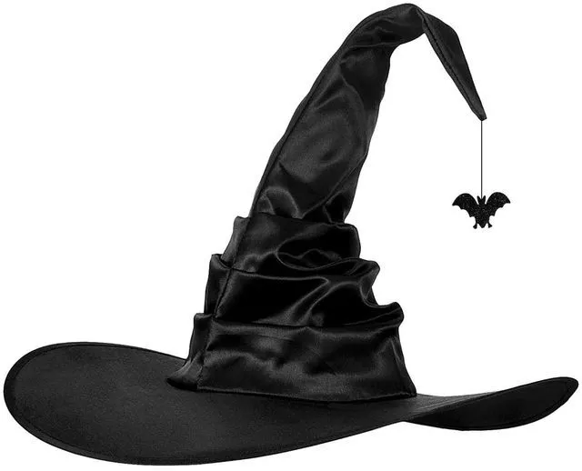 Alt view image 3 of 7 - SIQITECHNO Halloween Witch Hat With Spider Bat Black ruched Wizard Cap for Halloween Party Decoration Witch Cosplay Costume Accessory