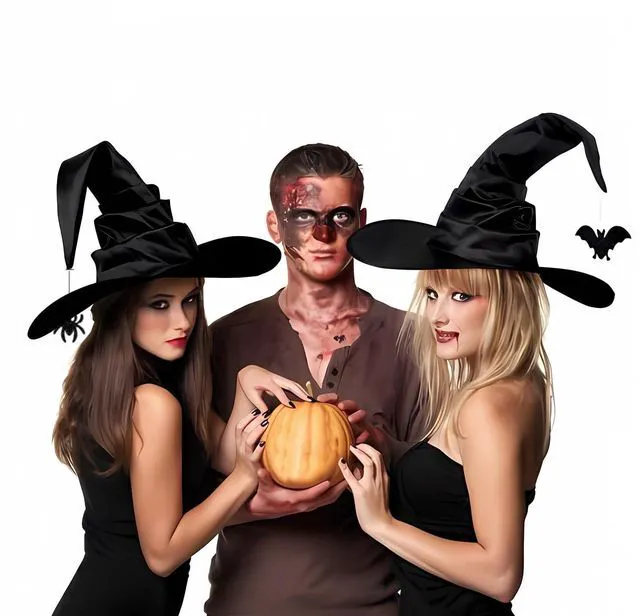 Alt view image 6 of 7 - SIQITECHNO Halloween Witch Hat With Spider Bat Black ruched Wizard Cap for Halloween Party Decoration Witch Cosplay Costume Accessory