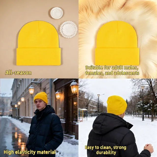 Alt view image 6 of 7 - Ultra Soft Stretch Unisex Winter Beanie Hat -One Size Fits All (Yellow) | Unisex Winter Knit Fisherman Cap for Men & Women Yellow