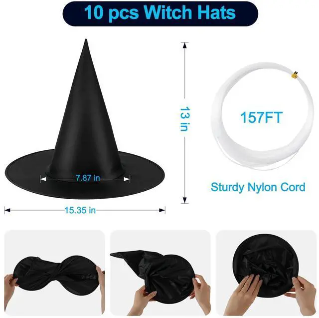 Alt view image 3 of 7 - 10Pcs Witch Hat,Hanging Witch Hats Lightweight Witches Hat Black Wizard Hat | Witch Hats for Women Men, Outdoor Indoor Halloween Decorations with 157 FT Nylon Cord Witch Hats Hanging Decor