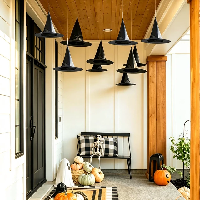 Alt view image 6 of 7 - 10Pcs Witch Hat,Hanging Witch Hats Lightweight Witches Hat Black Wizard Hat | Witch Hats for Women Men, Outdoor Indoor Halloween Decorations with 157 FT Nylon Cord Witch Hats Hanging Decor