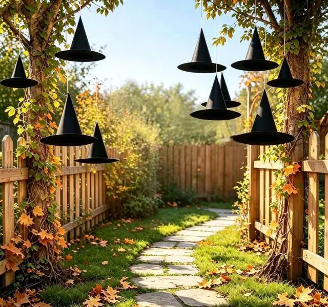 Alt view image 7 of 7 - 10Pcs Witch Hat,Hanging Witch Hats Lightweight Witches Hat Black Wizard Hat | Witch Hats for Women Men, Outdoor Indoor Halloween Decorations with 157 FT Nylon Cord Witch Hats Hanging Decor