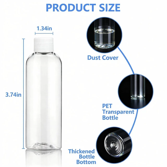 Alt view image 2 of 6 - 6 Pack 2 Oz (60ml) Clear Plastic Shot Bottles with caps | Small Bottles for Health, Immunity, Wellness, Samples - Perfect for Ginger Juice & Personal Care on the Go