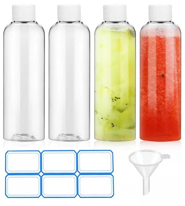 Main image of 4 Pack 3.4 Oz (100ml) Clear Plastic Shot Bottles with caps | Travel Bottles for Health, Immunity, Wellness, Samples - Perfect for Ginger Juice & Personal Care on the Go