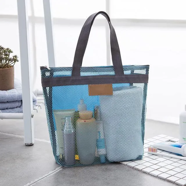 Alt view image 3 of 5 - Pebipoo Mesh Shower Caddy Bag, Quick Dry Portable Tote Bag with Zipper and Inner Pocket, Lightweight Bath Organizer for College Dorm Bathroom, Swimming, Gym, Beach, Travel (Blue)