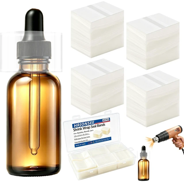 Main image of Hrionsee 600Pcs Shrink Wrap Seal Bands for Bottles Bands Jars, Clear PVC Heat Shrink with Easy Tear Lines for Essential Oil/Lip Gloss/Dropper/Test Tube (1.8 x 1.2 Inch / 45x30mm) (1.8 x 1.2 Inch)
