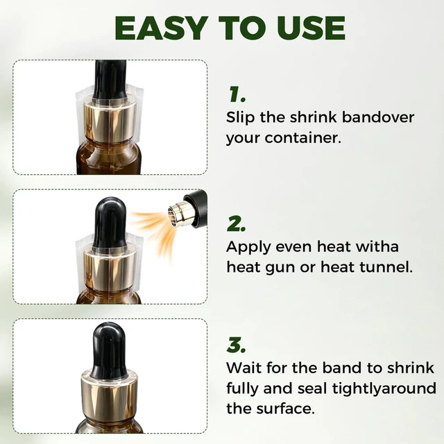 Alt view image 4 of 7 - Hrionsee 600Pcs Shrink Wrap Seal Bands for Bottles Bands Jars, Clear PVC Heat Shrink with Easy Tear Lines for Essential Oil/Lip Gloss/Dropper/Test Tube (1.8 x 1.2 Inch / 45x30mm) (1.8 x 1.2 Inch)