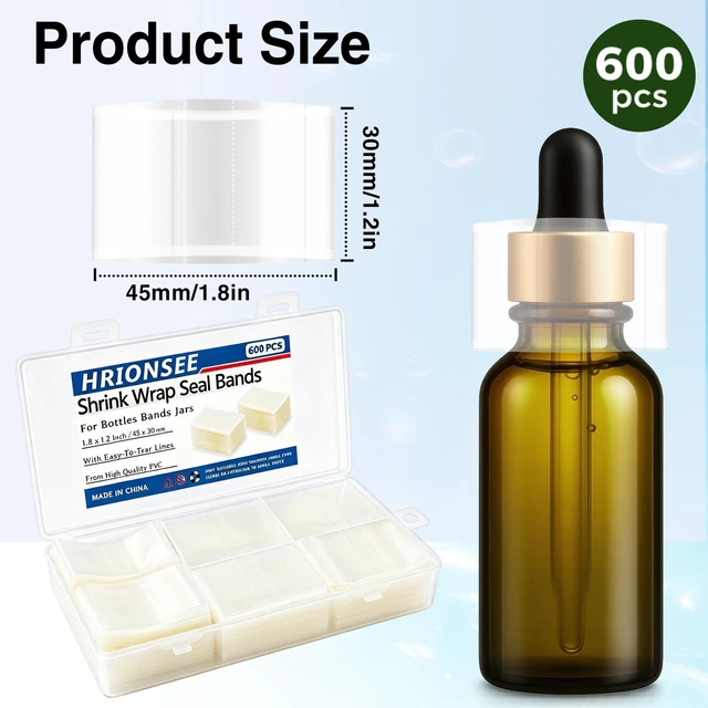 Alt view image 2 of 7 - Hrionsee 600Pcs Shrink Wrap Seal Bands for Bottles Bands Jars, Clear PVC Heat Shrink with Easy Tear Lines for Essential Oil/Lip Gloss/Dropper/Test Tube (1.8 x 1.2 Inch / 45x30mm) (1.8 x 1.2 Inch)