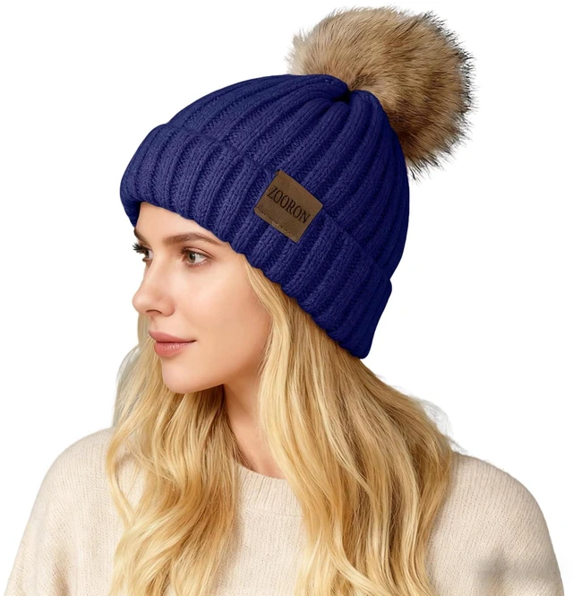 Main image of ZOORON Womens Winter Knitted Beanie Hat with Faux Fur Pom Beanie Warm Knit Skull Cap Beanie for Women