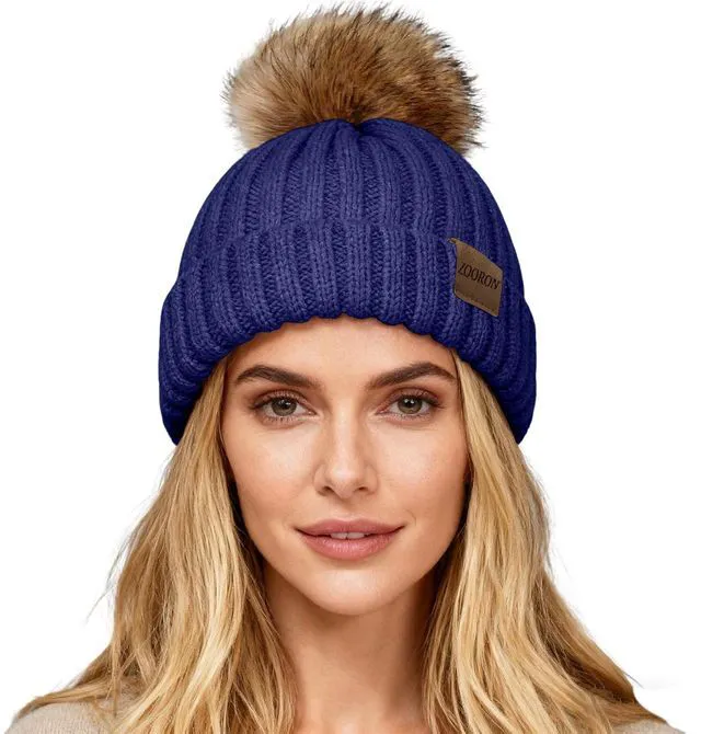 Alt view image 2 of 6 - ZOORON Womens Winter Knitted Beanie Hat with Faux Fur Pom Beanie Warm Knit Skull Cap Beanie for Women