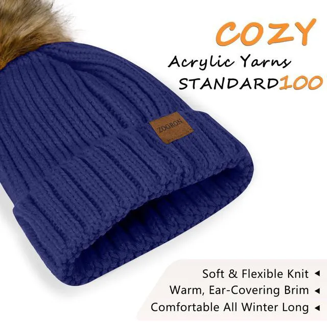 Alt view image 4 of 6 - ZOORON Womens Winter Knitted Beanie Hat with Faux Fur Pom Beanie Warm Knit Skull Cap Beanie for Women