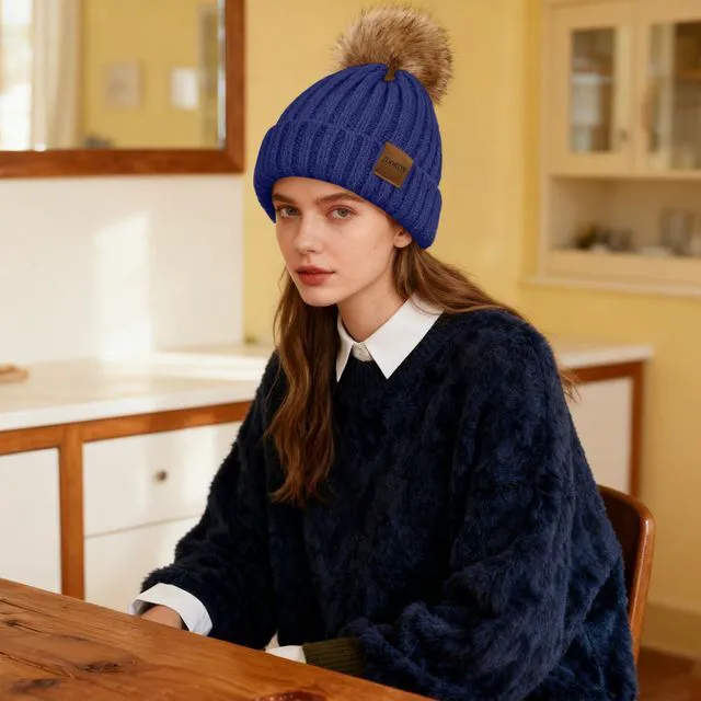 Alt view image 6 of 6 - ZOORON Womens Winter Knitted Beanie Hat with Faux Fur Pom Beanie Warm Knit Skull Cap Beanie for Women