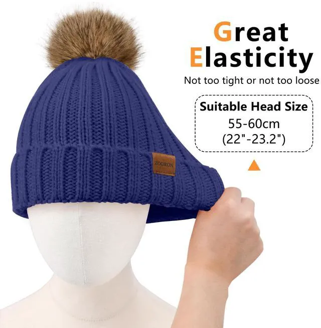 Alt view image 5 of 6 - ZOORON Womens Winter Knitted Beanie Hat with Faux Fur Pom Beanie Warm Knit Skull Cap Beanie for Women