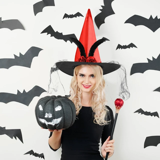 Alt view image 2 of 7 - FUSHENMU Halloween Witch Hat Women Witches Hat with Veil for Women Halloween Costume Party,Orange