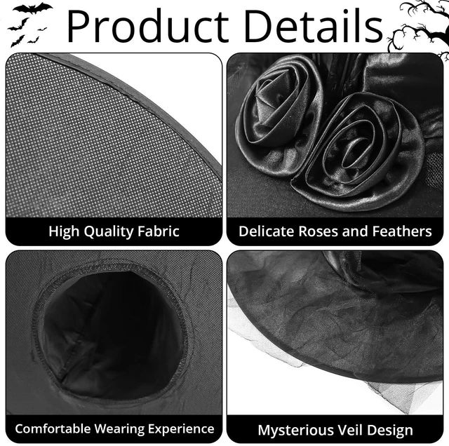 Alt view image 3 of 7 - FUSHENMU JXITON Halloween Witch Hat Women Witches Hat with Veil for Women Halloween Costume Party,Black