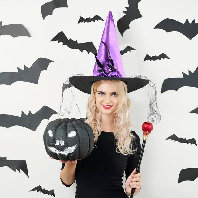 Alt view image 2 of 5 - FUSHENMU JXITON Halloween Witch Hat Women Witches Hat with Veil for Women Halloween Costume Party,Purple