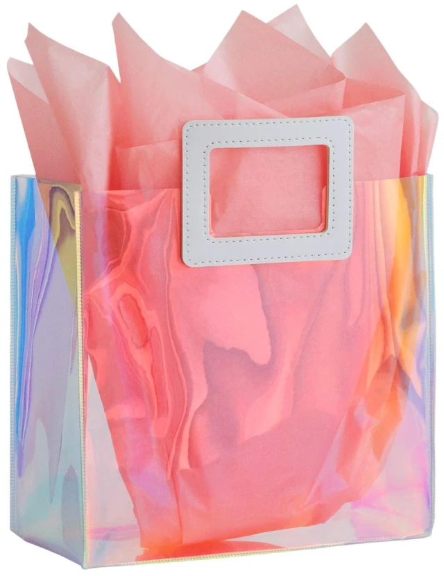 Main image of VUOJUR 8.3'' Holographic Small Gift Bag with Tissue Paper(Coral) | Reusable Birthday Gift Bag for Women Girls Iridescent Bachelorette Wedding Bridal Bridesmaid Tote Gift Bag