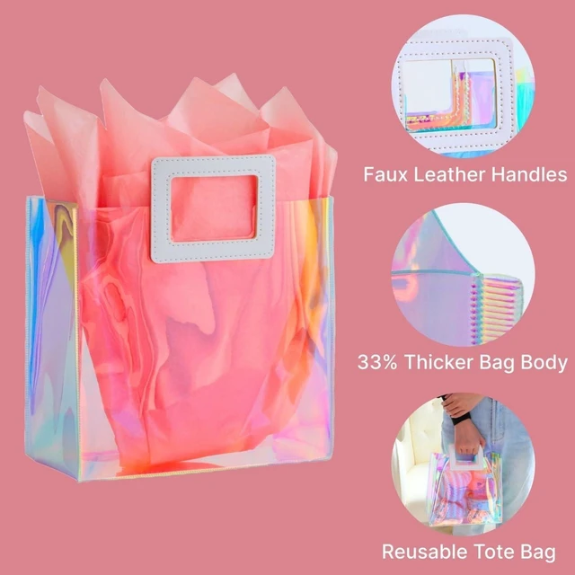 Alt view image 4 of 7 - VUOJUR 8.3'' Holographic Small Gift Bag with Tissue Paper(Coral) | Reusable Birthday Gift Bag for Women Girls Iridescent Bachelorette Wedding Bridal Bridesmaid Tote Gift Bag