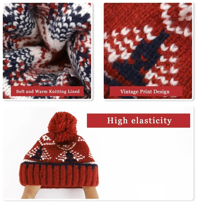 Alt view image 7 of 7 - DOCILA Winter Knit Beanie Women Pom Pom Cable Knit Cuff Red Beanie Chunky Warm Snow Skii Stocking Cap for Festival Holiday