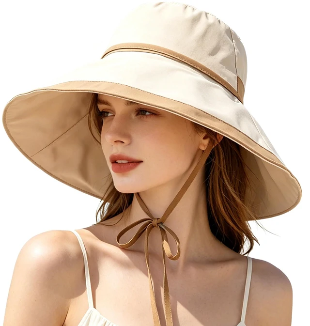 Main image of Brim Sun Hats for Women Adjustable Wind Chin Strap Wired Edge, Beige | UV Protection UPF50 Water-repellent, Fashion, 5.9in Shapable Brim, Light Packable, All Season, Beach Gardening Hiking Travel
