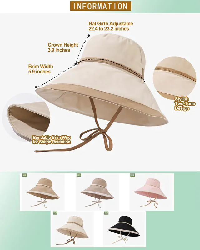 Alt view image 3 of 7 - Brim Sun Hats for Women Adjustable Wind Chin Strap Wired Edge, Beige | UV Protection UPF50 Water-repellent, Fashion, 5.9in Shapable Brim, Light Packable, All Season, Beach Gardening Hiking Travel