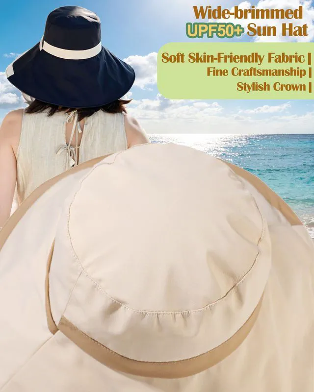Alt view image 2 of 7 - Brim Sun Hats for Women Adjustable Wind Chin Strap Wired Edge, Beige | UV Protection UPF50 Water-repellent, Fashion, 5.9in Shapable Brim, Light Packable, All Season, Beach Gardening Hiking Travel