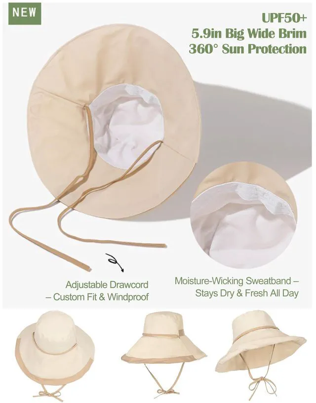 Alt view image 4 of 7 - Brim Sun Hats for Women Adjustable Wind Chin Strap Wired Edge, Beige | UV Protection UPF50 Water-repellent, Fashion, 5.9in Shapable Brim, Light Packable, All Season, Beach Gardening Hiking Travel