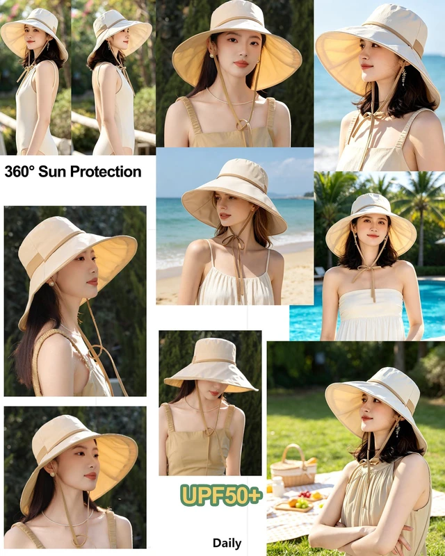 Alt view image 6 of 7 - Brim Sun Hats for Women Adjustable Wind Chin Strap Wired Edge, Beige | UV Protection UPF50 Water-repellent, Fashion, 5.9in Shapable Brim, Light Packable, All Season, Beach Gardening Hiking Travel