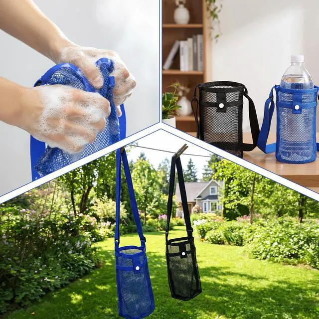 Alt view image 6 of 7 - FdcZeyxior Mesh Water Bottle Carrier with Shoulder Strap, 2 Packs Portable Water Bottles Carriers Bag Nylon Water-Bottle Holder with Pocket for Walking Hiking Travelling Camping, Lightweight