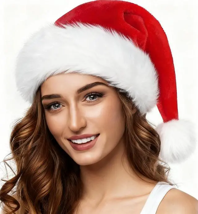 Alt view image 2 of 2 - XiXiYang Christmas Hats Santa,Classic Red White Furry Xmas Party Hats with Pom Pom, Stocking Stuffers Christmas Gifts, Festive Holiday Decorations,Hat for Adults and Kids,