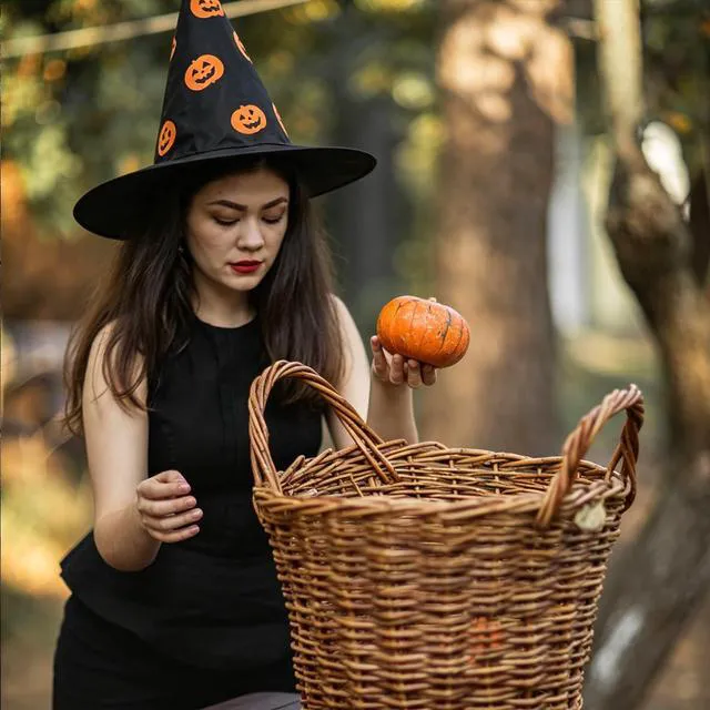 Alt view image 6 of 7 - Yohenr Halloween Costume Witch Hat Accessory for Holiday Halloween Party Halloween Decorations,Wizard Hats Party Decoration Accessories Pumpkin pattern Foldable Witch Hat