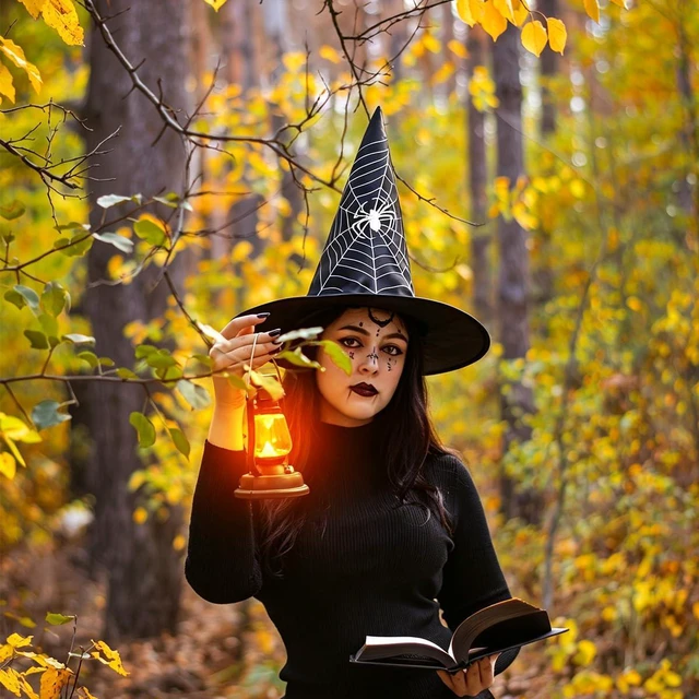 Alt view image 6 of 7 - Yohenr Halloween Costume Witch Hat Accessory for Holiday Halloween Party Halloween Decorations,Wizard Hats Party Decoration Accessories Spider web pattern Foldable Witch Hat