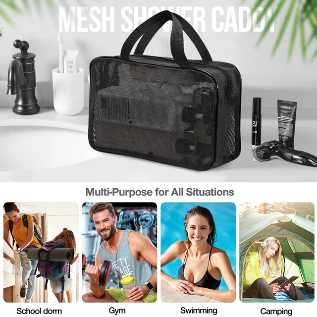 Alt view image 2 of 7 - Gocvo Mesh Shower Caddy Mash Shower Bag Black Portable Mesh Accessories Organizer Tote for Gym College Dorm Room (Black-Large)
