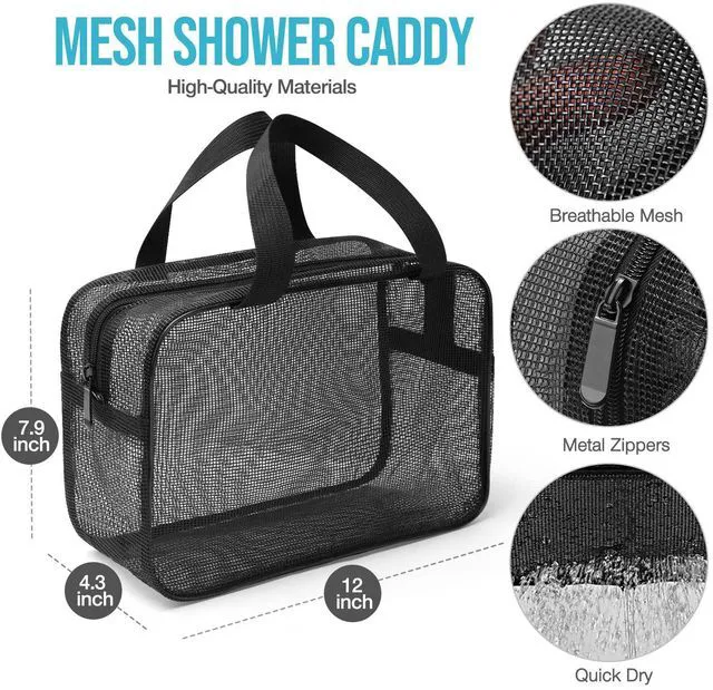 Alt view image 3 of 7 - Gocvo Mesh Shower Caddy Mash Shower Bag Black Portable Mesh Accessories Organizer Tote for Gym College Dorm Room (Black-Large)