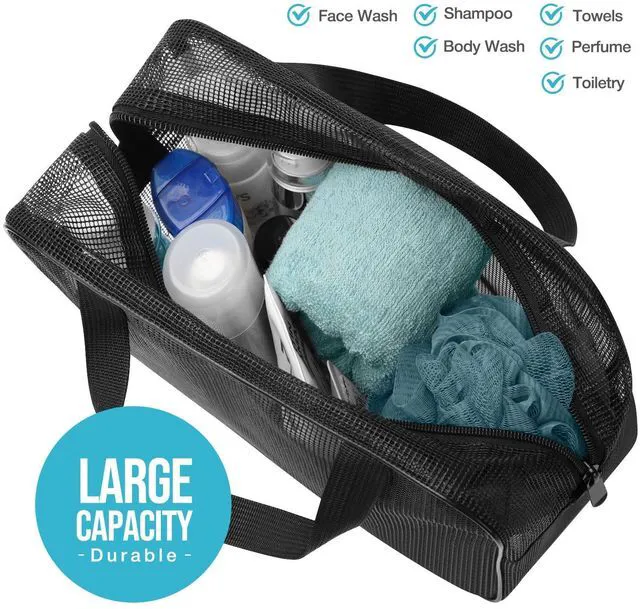 Alt view image 4 of 7 - Gocvo Mesh Shower Caddy Mash Shower Bag Black Portable Mesh Accessories Organizer Tote for Gym College Dorm Room (Black-Large)