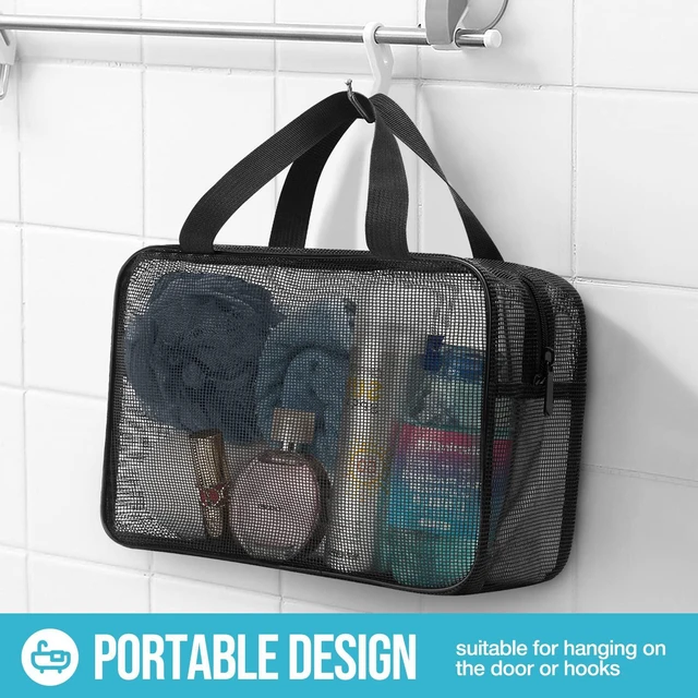 Alt view image 5 of 7 - Gocvo Mesh Shower Caddy Mash Shower Bag Black Portable Mesh Accessories Organizer Tote for Gym College Dorm Room (Black-Large)