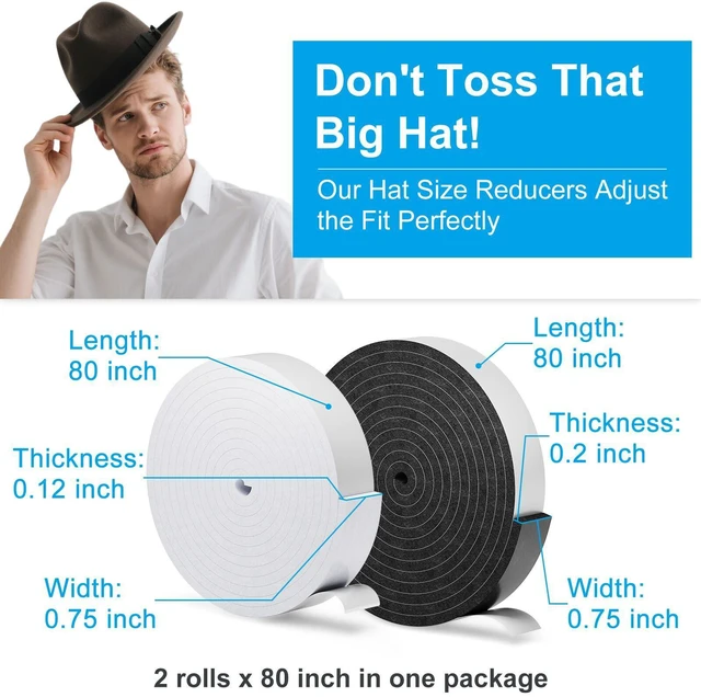 Alt view image 2 of 7 - 2 Pack Hat Size Reducer Tape Roll 80", Sizer Reducer to Make Fit Comfort | Cap Fitted Insert for Loose Baseball Fedora Cowboy Western Panama & Straw Hats, Self Adhesive Foam Tape, Black White, Teraves