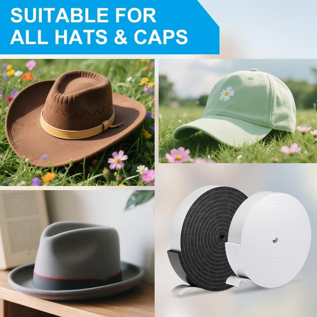 Alt view image 6 of 7 - 2 Pack Hat Size Reducer Tape Roll 80", Sizer Reducer to Make Fit Comfort | Cap Fitted Insert for Loose Baseball Fedora Cowboy Western Panama & Straw Hats, Self Adhesive Foam Tape, Black White, Teraves