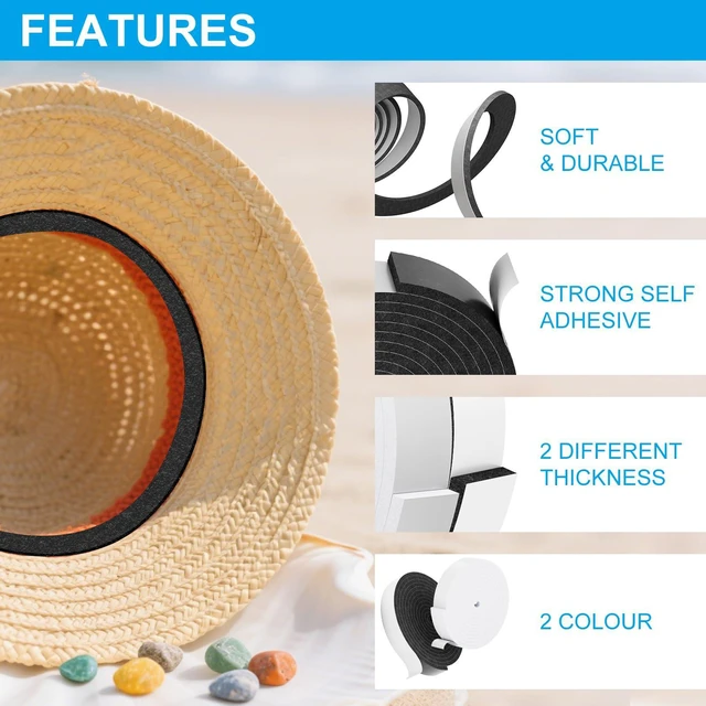 Alt view image 7 of 7 - 2 Pack Hat Size Reducer Tape Roll 80", Sizer Reducer to Make Fit Comfort | Cap Fitted Insert for Loose Baseball Fedora Cowboy Western Panama & Straw Hats, Self Adhesive Foam Tape, Black White, Teraves