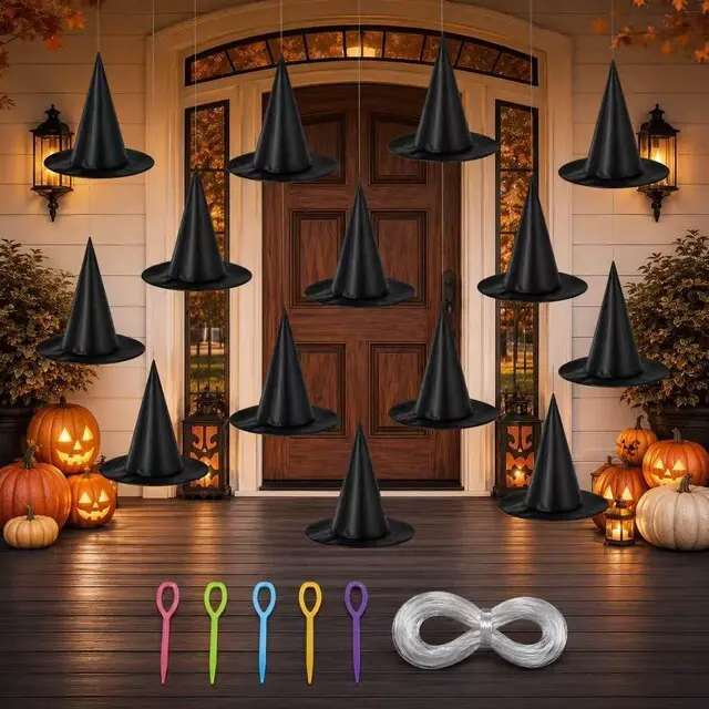 Main image of 13PC Hanging Witch Hats, Indoor Outdoor Porch Halloween Decor | Floating Witches Hats to Hang for Indoor Outdoor Porch Party, Witch Hat Decorations for Hocus Pocus Theme