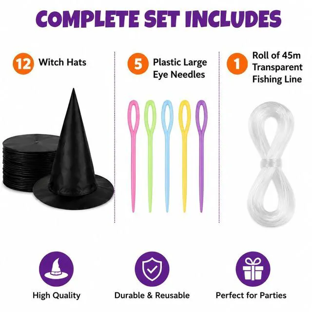 Alt view image 3 of 7 - 13PC Hanging Witch Hats, Indoor Outdoor Porch Halloween Decor | Floating Witches Hats to Hang for Indoor Outdoor Porch Party, Witch Hat Decorations for Hocus Pocus Theme