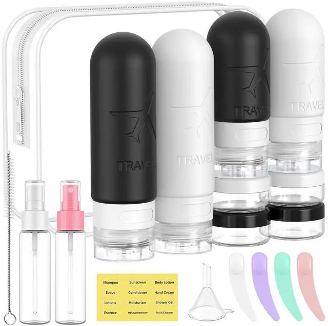 Main image of ME.FAN 18 Pack Travel Bottles for Toiletries, TSA Approved, Black/White | Travel Size Containers Set, Silicone Squeezable Portable Split Bottle, Travel Accessories for Conditioner, Shampoo, Lotion