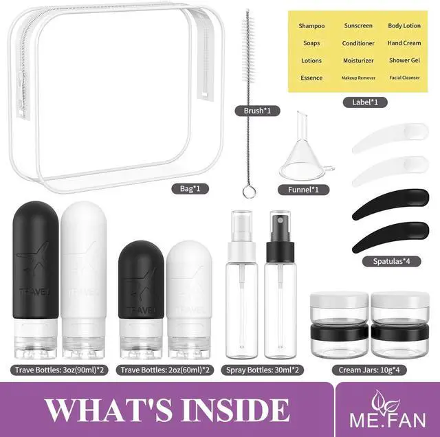 Alt view image 2 of 7 - ME.FAN 18 Pack Travel Bottles for Toiletries, TSA Approved, Black/White | Travel Size Containers Set, Silicone Squeezable Portable Split Bottle, Travel Accessories for Conditioner, Shampoo, Lotion