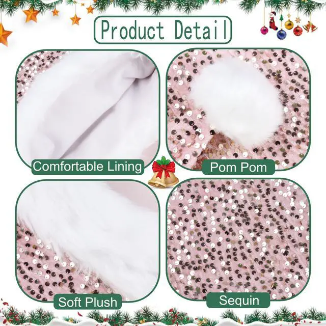 Alt view image 4 of 7 - Brihasory Sequin Santa Hat, Christmas Hats for Women or Men, Soft Adults Holiday Hat for Santa Claus New Year Party Supplies (Light Pink)
