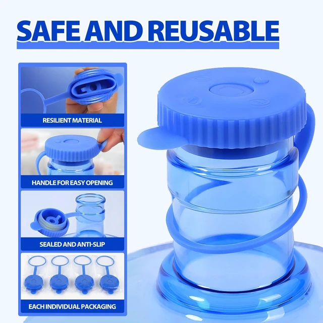 Alt view image 3 of 7 - 4 Pack Reusable Water Jug Caps for 3 & 5 Gallon Bottles, 55mm Food-Grade Silicone Replacement Lids for Water Dispensers, Leak-Proof Non-Spill Design