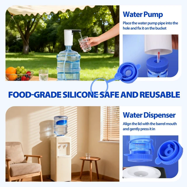 Alt view image 5 of 7 - 4 Pack Reusable Water Jug Caps for 3 & 5 Gallon Bottles, 55mm Food-Grade Silicone Replacement Lids for Water Dispensers, Leak-Proof Non-Spill Design